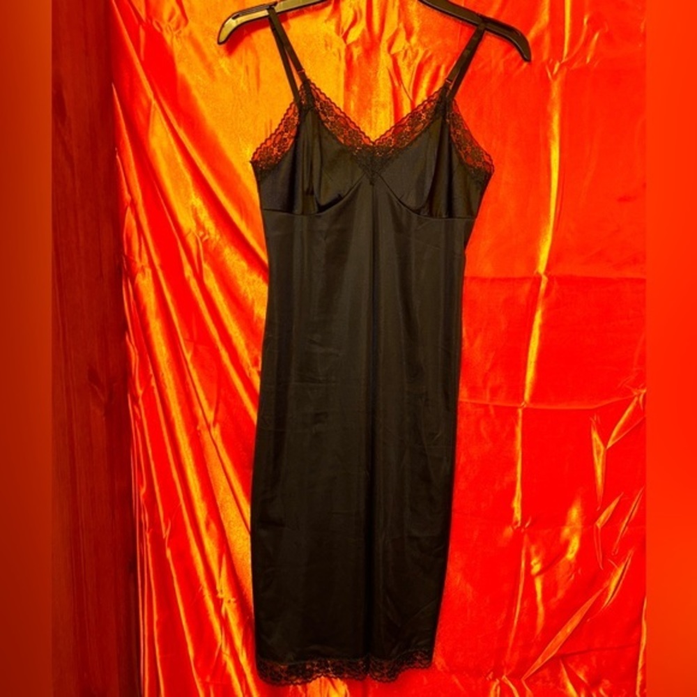Vintage Vanity Fair Black Satin Midi Lingerie Slip Dress